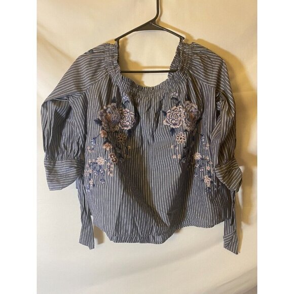 American Eagle Outfitters Striped Embroidered Floral Boho Top - Blue and Pink - Picture 10 of 13